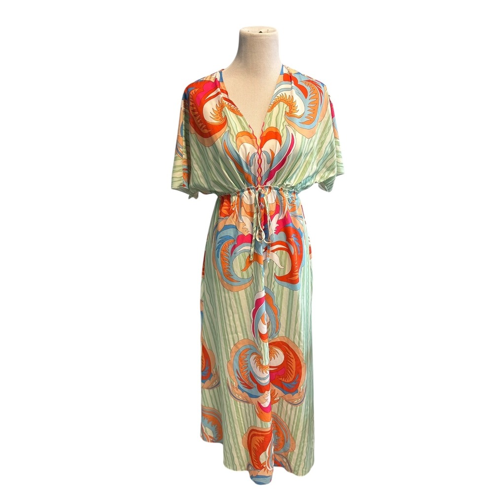 SHEIN Women's S Green Orange Abstract Print Kimono Sleeve Drawstring Maxi Dress - Picture 1 of 16